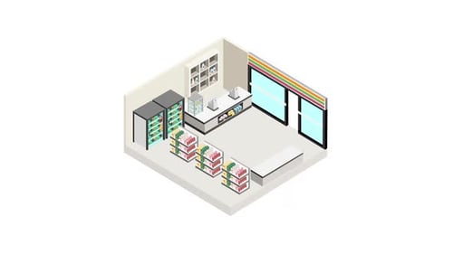 Isometric view of busy convenience store
