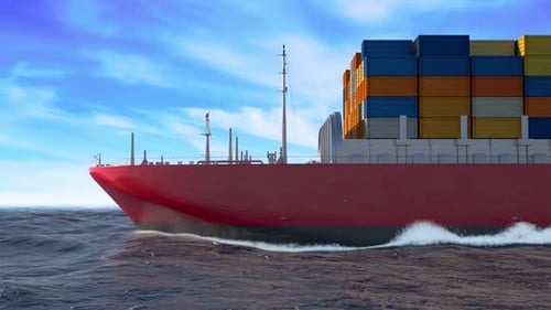 Buque portacontenedores de carga masiva que navega por aguas con bandera y nombre de país Italia