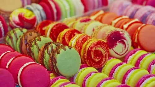 Colorful rows of fresh macaroons close up