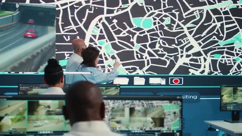 Diverse Team of Agency Employees Following Delivery Trucks Via Gps Coordinates
