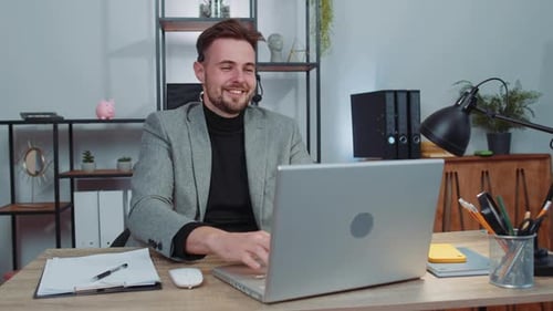 Businessman Working on Laptop Wearing Headset Call Center Support Service Operator Office Helpline