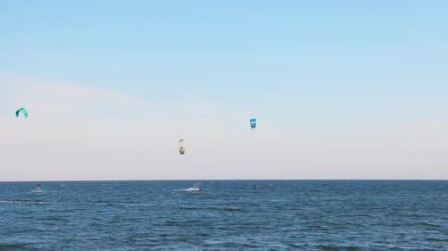 People in Sportswear Go Kiting on the Surface of the Black Sea Near the Town of Pomorie Under a Blue