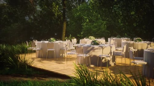 Empty Wicker Table and Chair in Outdoor Restaurant Forest Garden