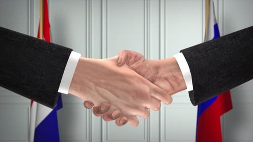 Business Handshake Animation with National Flags Background