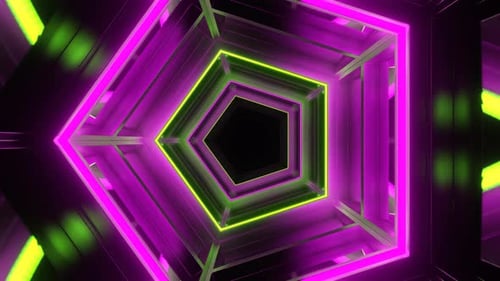 Pink And Lime Neon Mirrored Pentagonal Tunnel Background Vj Loop In 4K