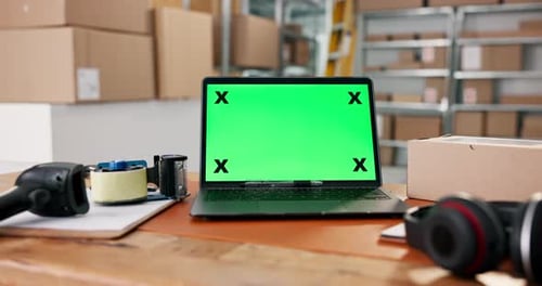 Logistics, green screen or laptop in storage unit for mockup, stock or inventory management in ux