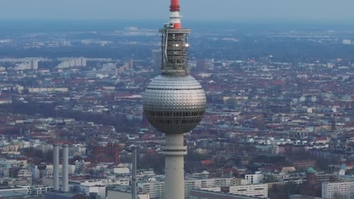 Drone Footage of Berlin's TV Tower in Alexanderplatz with Cityscape in the Background Aerial View of