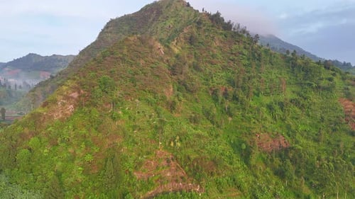 Drone view of tropical mountain scenery with dense green vegetation