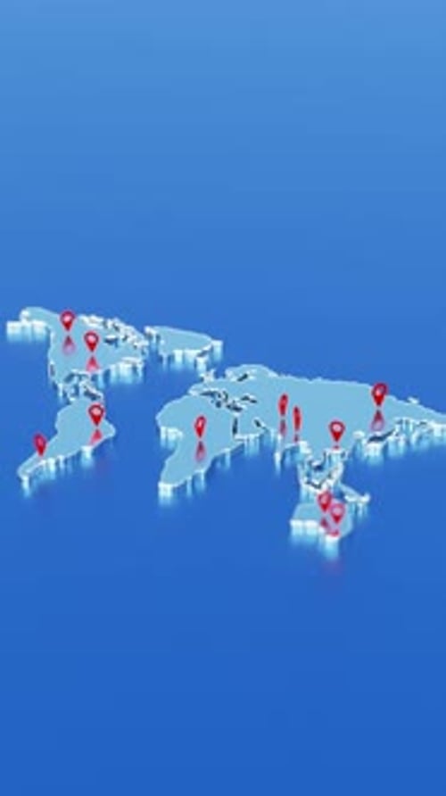 Carte du monde avec technologie globale, concept de localisation des destinations, épingles, navigation et concept de voyage.