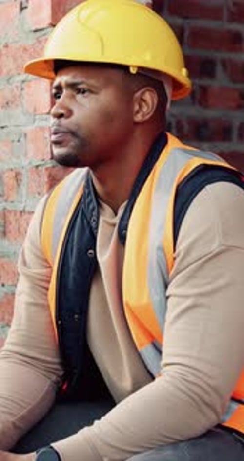Contractor, thinking and black man at construction site with lunch break