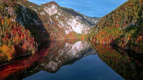 Bird's eye view of the colorful mountain forests reflecting in Lake Toplitz, Austria.