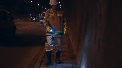 Worker in a White Hard Hat Inspecting the Tunnel Underground Checking the Walls Slow Mo