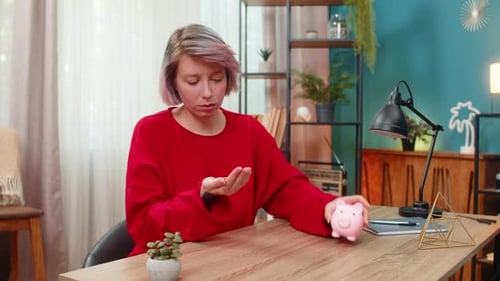 Woman Unhappily Counting Coins From Piggy Bank Sighing Dissatisfied Financial Shortage Lack Money