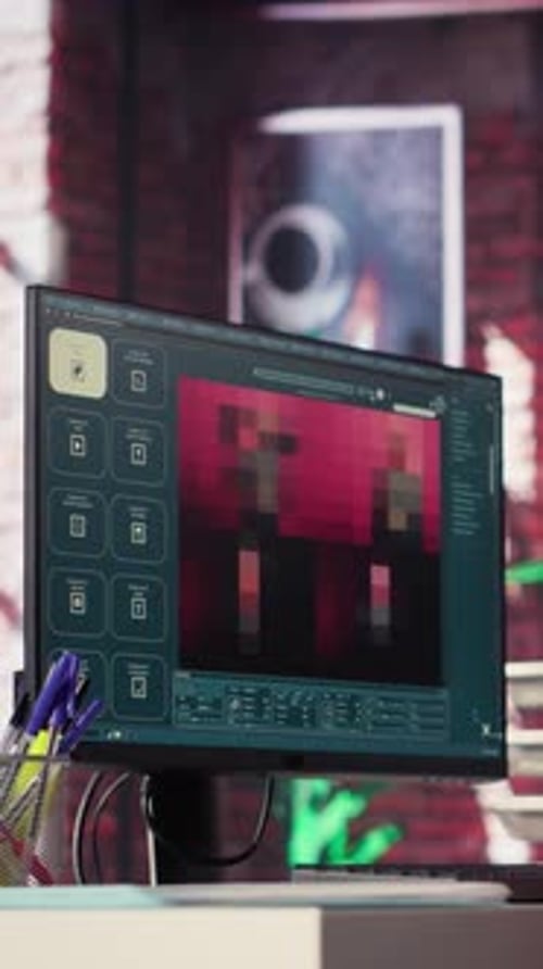 Vertical Video Woman Expert Developer Works with Photo Editing Software in Her Loft