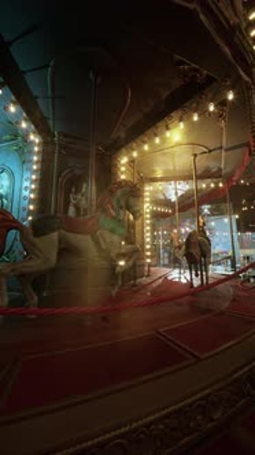 Abandoned Carousel in Deserted Amusement Park at Night