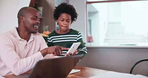 Child, father and help in home with math, education and learning with calculator for homework