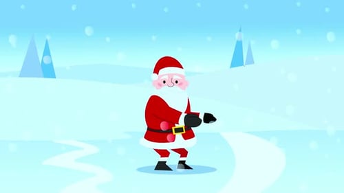 Animated Flat Design Santa Claus Waving in Snowy Winter Scene