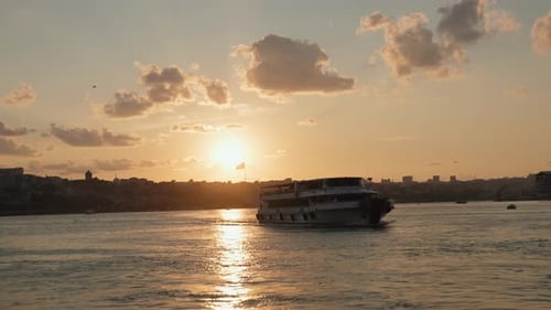 deck and railings from cruise ship, yacht or boat. Beautiful sunset