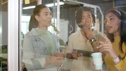 Collègues divers collaborant sur un diagramme de flux sur verre, à l'aide d'un marqueur, d'une tablette, tenant une tasse à café