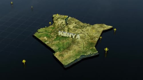 Modern 3D Digital Map of Kenya with Location Pins