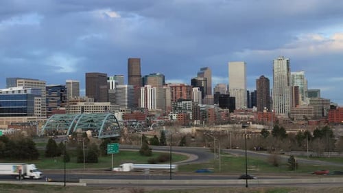 Denver Skyline Establishing Shot Cinematic Pan Left Time Lapse