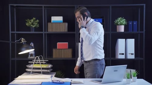 Businessman talking on the phone standing in the office.