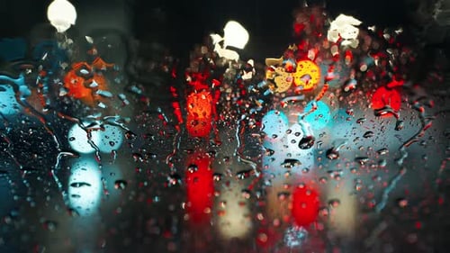 Lumières de la ville le soir et voitures qui passent à travers une fenêtre humide et pluvieuse