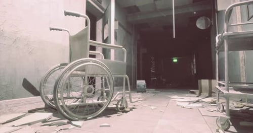 Abandoned Hospital Hallway with Empty Wheelchairs and Scattered Debris