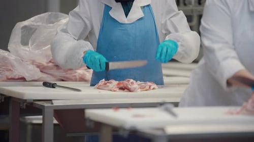 The Process of Cutting Meat in a Meat Factory