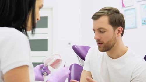 Man Speaking to Dentist About Model Teeth