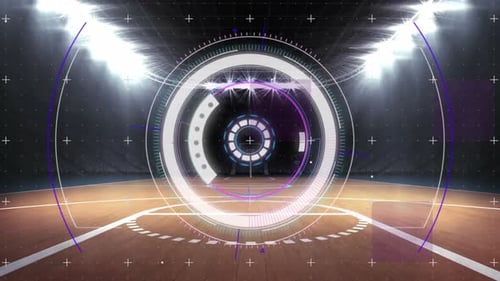 Animation of scopes scanning and data processing over basketball court