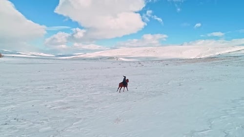 Lone Rider on Horseback Through Snowy Winter Field