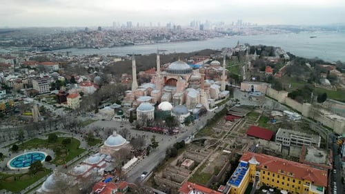 Istanbul Hagia Sophia mosque with Golden Horn in the background circling shot