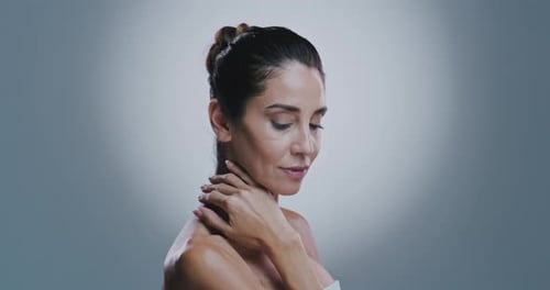 Face, skincare and mature woman in studio for wellness, beauty and facial treatment for anti aging