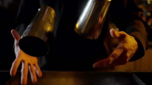 Bartender Holding Metal Cocktail Shaker in Bar