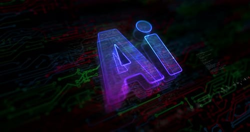 Futuristic AI Text Reveal with Holographic Circuit Board Background