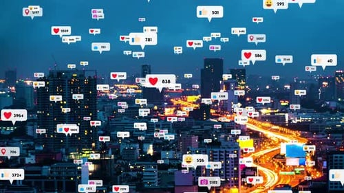 Social Media Icons Fly Over City Downtown Showing People Reciprocity Connection