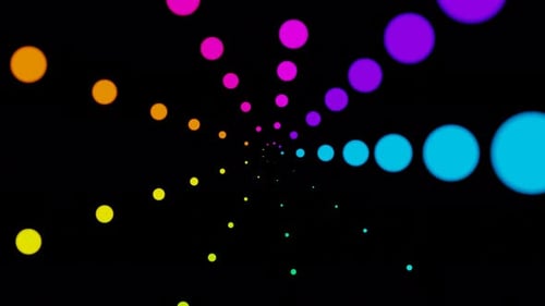 Abstract Loop Animation Rays or Beams of Colored Dots of Different Sizes Rotate Around the Center on