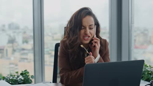 Businesswoman Have Telephone Conversation Sitting Office with Laptop Close Up