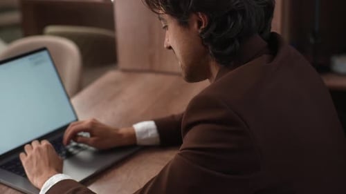Closeup Back Headshot Shoulder View Exhausted Young Businessman in Suit Massaging Neck Suffering