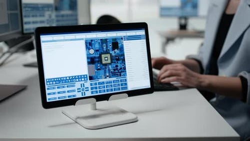 Technician Reviews Microchip Production Operations Using Devices Inside Factory
