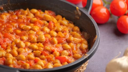 Delicious Chickpea Stew with Tomatoes in Frying Pan