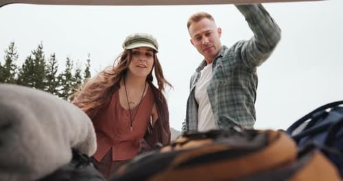 Couple, car and luggage for road trip, travel or holiday with baggage, ready and talking