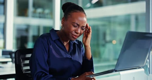 Black woman, headache or laptop with stress, anxiety or mental health for eye strain in office