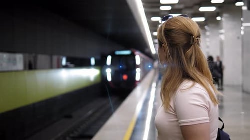 Side View of a Woman at the Metro Station the Train is Moving Along the Rails