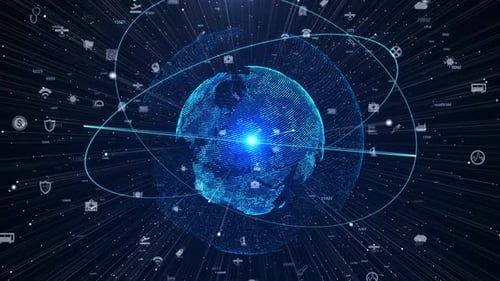 Futuristic Digital Global Network Connection with Data Flow and Icons