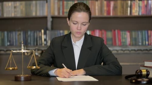 Female Professional Writes at Desk with Scales of Justice