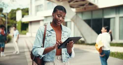 Outdoor, student and woman with tablet for education, academic information and website for college