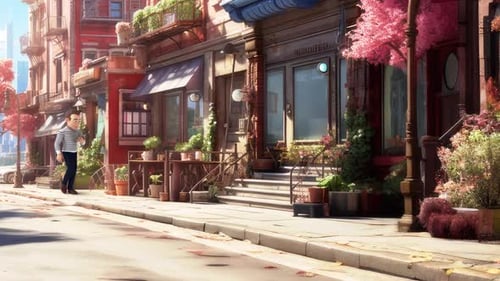 Animated Man Walking and Using Phone on a Vibrant City Street