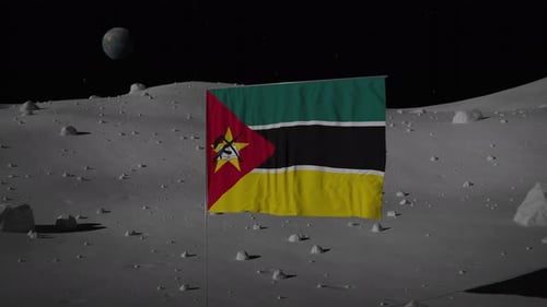 Mozambique Flag Animation on Lunar Surface with Distant Earth